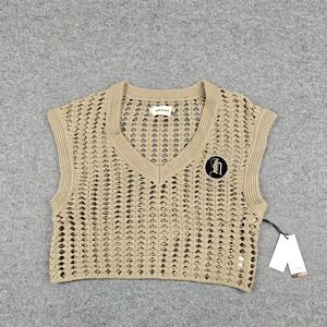 Honor The Gift Sweater Vest Womens Large Beige Open Knit Crochet Logo V Neck New